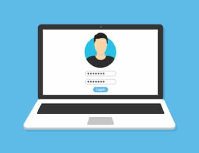 Laptop with login form page on screen. Vector illustration