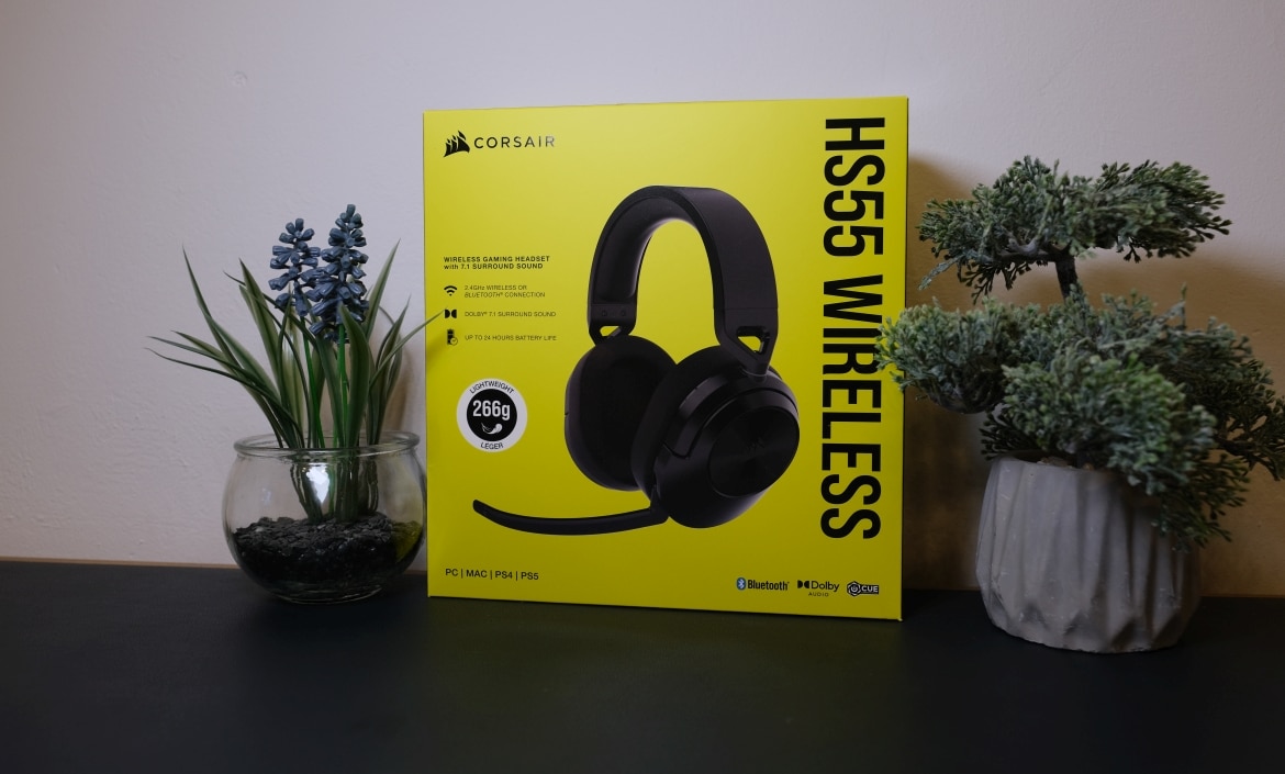 Corsair HS55 Wireless Test: Bild zeigt die Verpackung des kabellosen Gaming-Headsets mit 7.1 Surround Sound