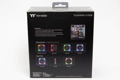 Rückansicht der Verpackung der Thermaltake TOUGHFAN 14 RGB