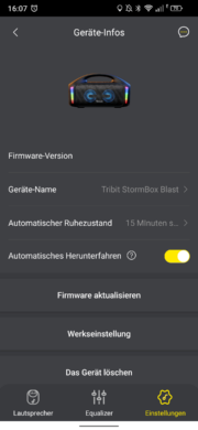 Tribit-App: Firmware-Update und Ruhezustand