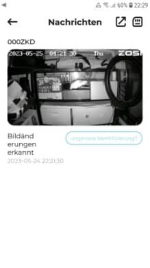 Eine Alarm-Benachrichtigung der Zosi Smart-App im Detail.