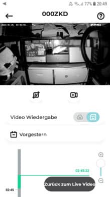 Die Wiedergabe-Ansicht für aufgezeichnetes Videomaterial der Zosi Smart-App.