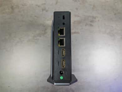 Rückseite des Acemagic S1 Mini-PC mit Lan-Ports, HDMI Anschlüssen, Netzanschluss sowie Kensingtonschloss