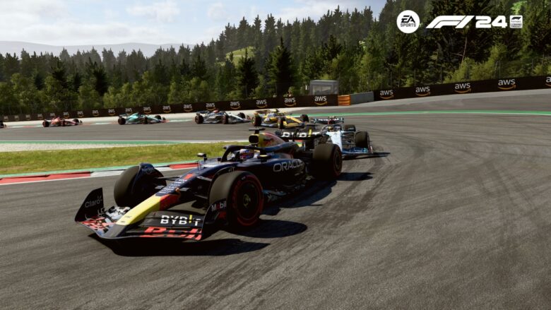 F1 24 im Test: Screenshot aus F1 24 zeigt Max Verstappen vor Lewis Hamilton auf dem Red Bull Ring.