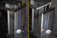 Die vordere Glaswand, welche oben mit 4 Schrauben gesichert ist