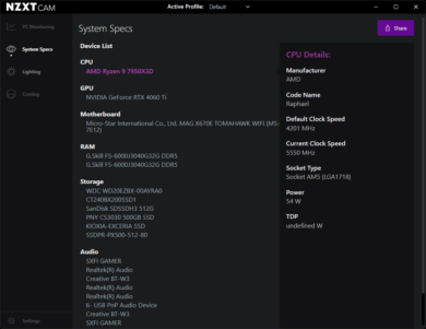 Systemspezifikationen in der Cam-App