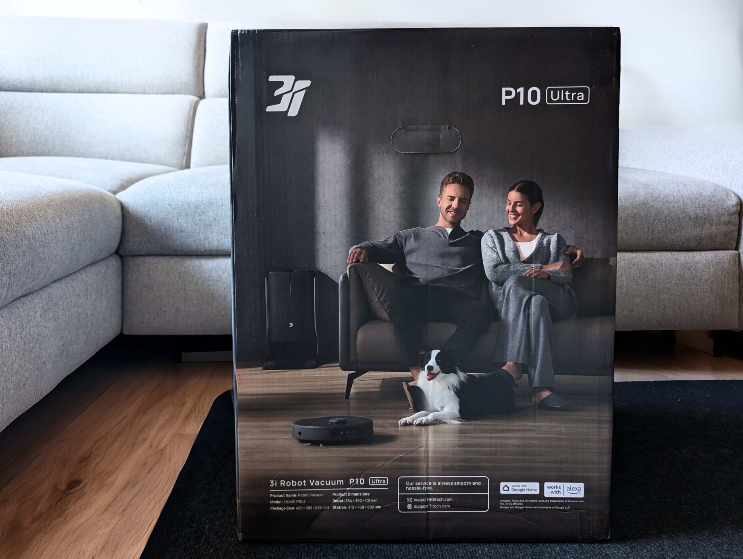 Verpackung des 3i P10 Ultra Saugroboters vor einem Sofa