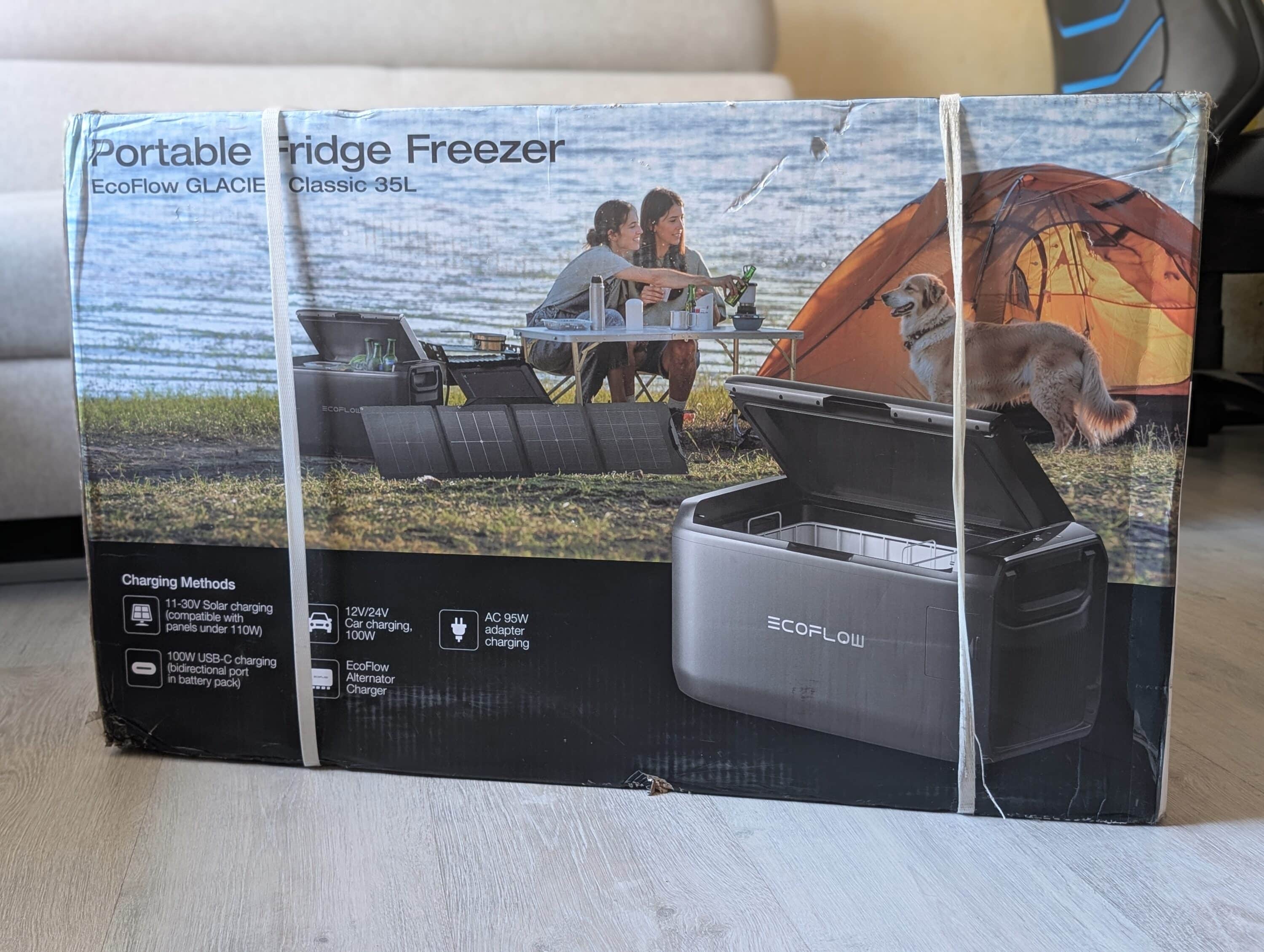 Verpackung der EcoFlow Glacier Classic 35L mit Outdoor-Motiv und Zelt