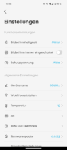 App Einstellungsmenü mit Optionen für Display, Schutzspannung und WLAN