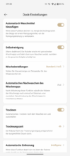 MOVAhome App Dock-Einstellungen mit Optionen für automatisches Waschmittel, Selbstreinigung und Trocknungszeiten