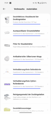 Narwal Freo Z10 App Verbrauchsmaterialien-Übersicht mit Countdown-Timern für Staubbeutel, Filter, Mopps und Bürsten