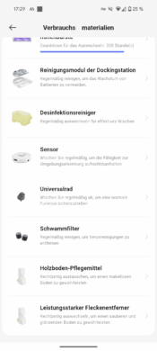 Narwal Freo Z10 App Verbrauchsmaterialien-Seite mit Rollenbürste, Sensoren und Reinigungsmitteln