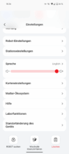 App-Einstellungen mit Optionen für Roboter, Station und Sprache